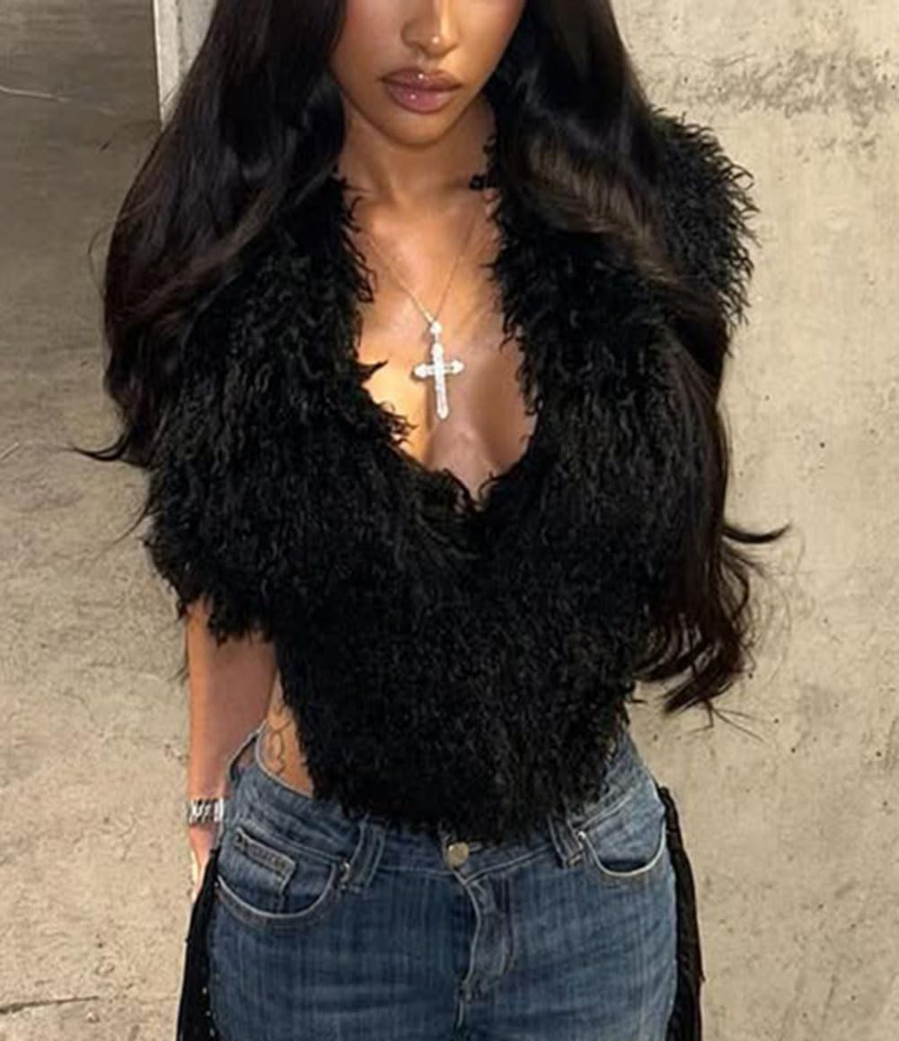 Women Strapless Tops Halter Backless Tie Lace Up Faux Fur Vest Sleeveless Feather Fuzzy Tank Shaggy Waistcoat Cape - Image 6