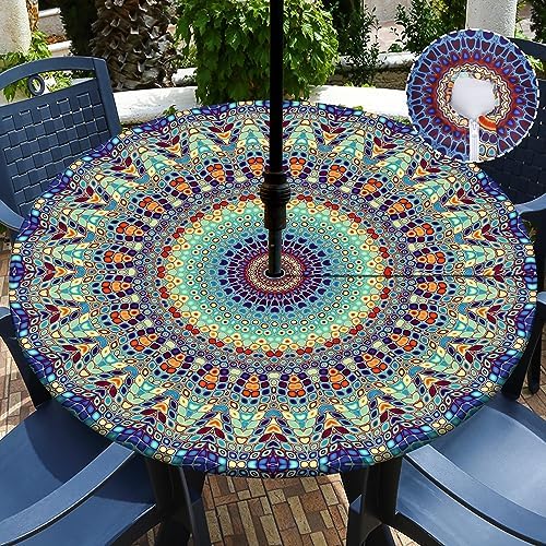 Buwuta Outdoor Tablecloth with Umbrella Hole Waterproof Round Fitted Tablecloth with Elastic Zippered Wipeable Table Cloth Round Cover for Picnic, Patio,Garden Fits to 36"-44" Patio Tables