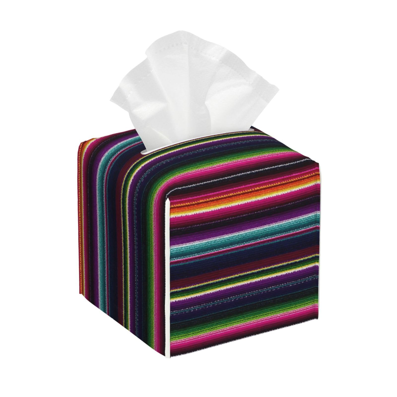 Rainbow Serape Stripe Print Tissue Box Cover Holder Square, Foldable Modern Cube Tissue Box Cover, Leather Decorative Organizer for Tabletop Bathroom Car Office Desk Decor