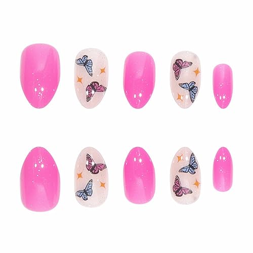 Miniatura 2 de MISUD Uñas postizas medianas a presión, uñas postizas de almendra brillante, uñas acrílicas de aguja rosa intenso, uñas artificiales con purpurina,