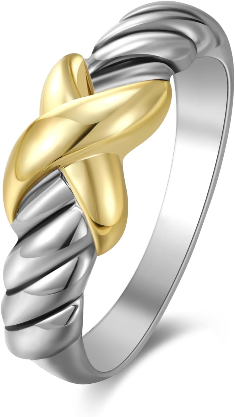 Chunky Band Rings for Women 2 Tone Intertwined Crossover Statement Ring, Cable Wire Twine Twisted Wide Index Finger Gold and Silver Ring Fashion Costume Jewelry Gifts for Her