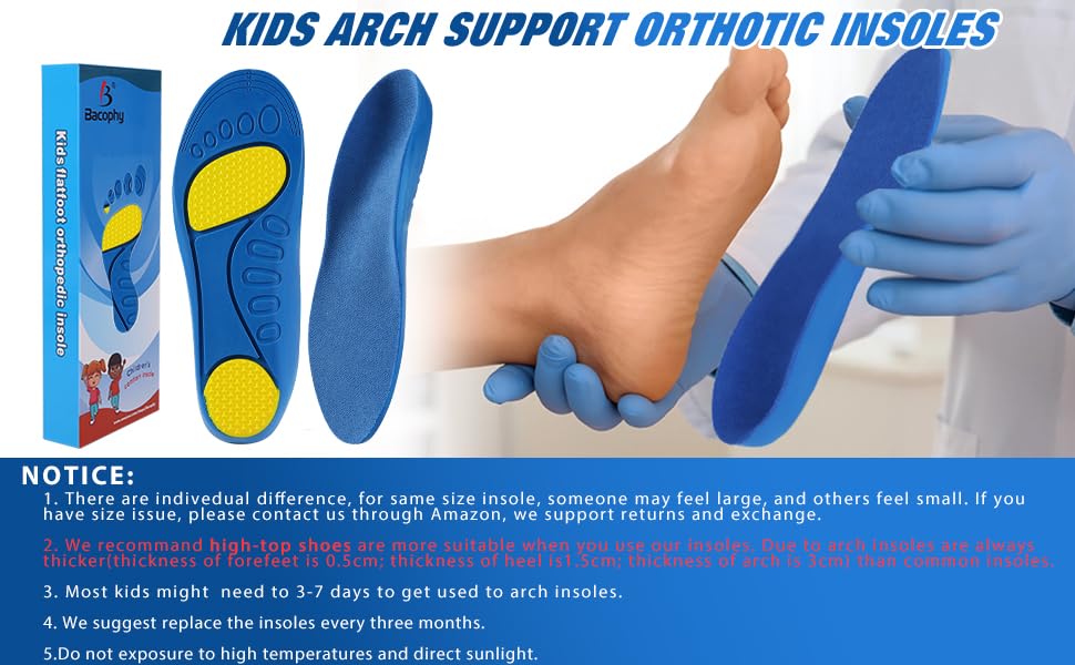 Bacophy Kids Orthotic Arch Support Shoe Insoles, Children Pu Cushioning Inserts, Shock Absorption Velvet Surfaces Deep Heel Cup Inner Sole for Flat Feet, Plantar Fasciitis, Feet Heel Pain Relief Blue
