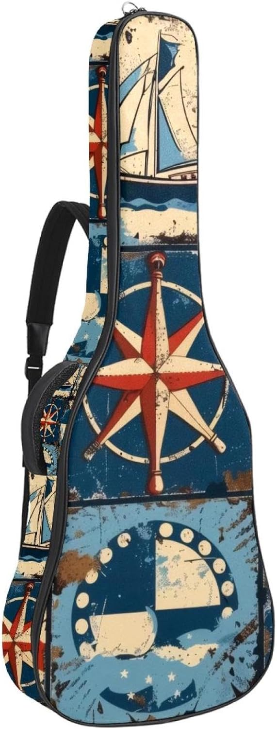 Acoustic Guitar Bag 0.4 Inch Thick Padding Waterproof Guitar Case Gig Bag for 40 41 42 Inch Electric Bass Classical Guitar, Nautical Style Sailing Elements