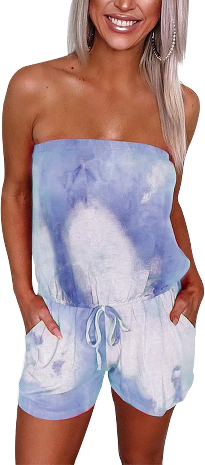 Drawstring Waist Backless Bodycon Shorts Jumpsuits with Pockets VNVNE Womens Tie Dye Off Shoulder Strapless Rompers
