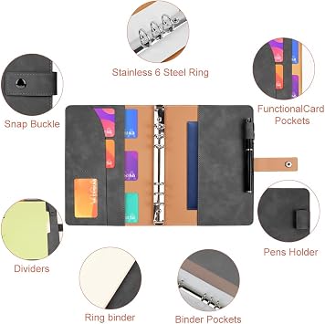 A5 Ring Binder PU Leather Notebook Notebook Binder Refillable Grey Notebook with A5 dot grid paper inner pockets and index divider folder planner for travel work school personal organiser