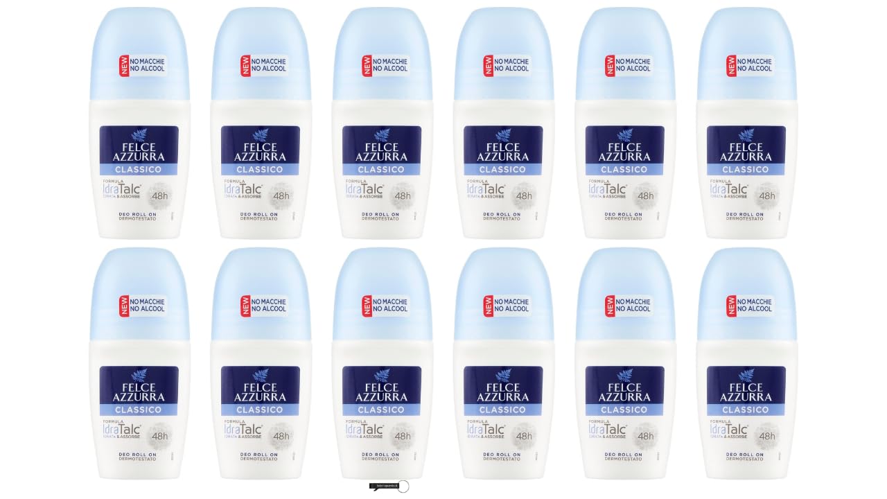 Felce Azzurra Classico Deo Roll On, IdraTalc Formula 48h Efficacia Senza Alcool 50ml Confezione da 12 + Italy Shop Portachiavi Gratis