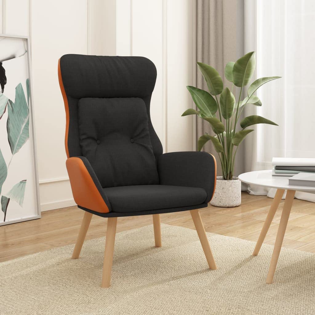 Poltrona relax nera con tessuto e rivestimento in PVC, spessa imbottita, telaio in metallo e gambe in legno massiccio di caucciù, sedia da soggiorno stabile con braccioli per un riposo