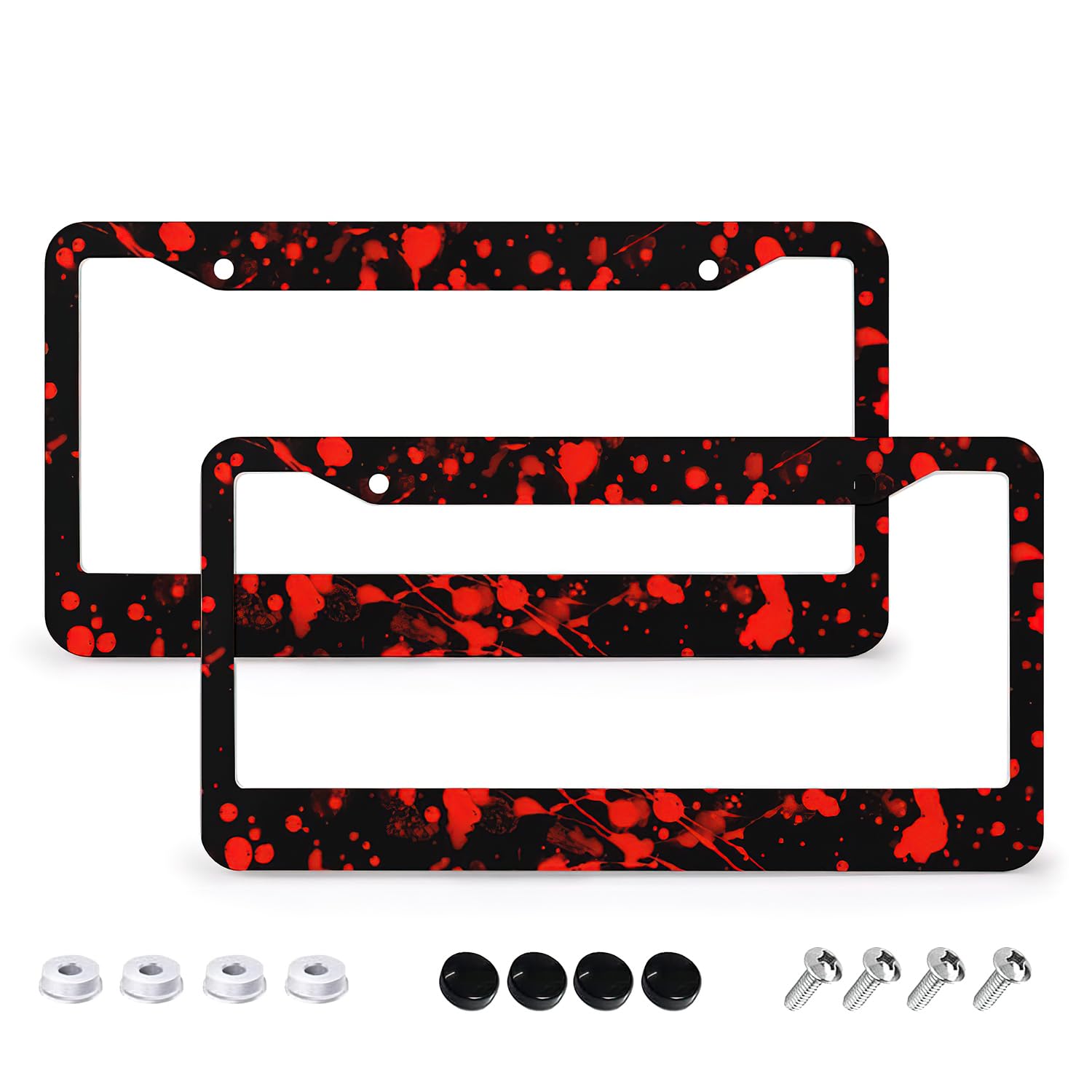 Blood Splattered Red Black License Plate Frames - 2 Pcs Set 2 Holes Metal Aluminum Auto Car Accessories Decoration License Plate Frame 6.3" x 12.2"