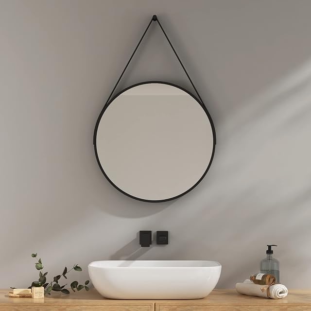 EMKE Round Mirror for Wall - 50cm PU Leather Circle Hanging Mirror, Metal Frame Small Wall Mirror with Strap for Bathroom Bedroom Dressing Room Entryway Decor