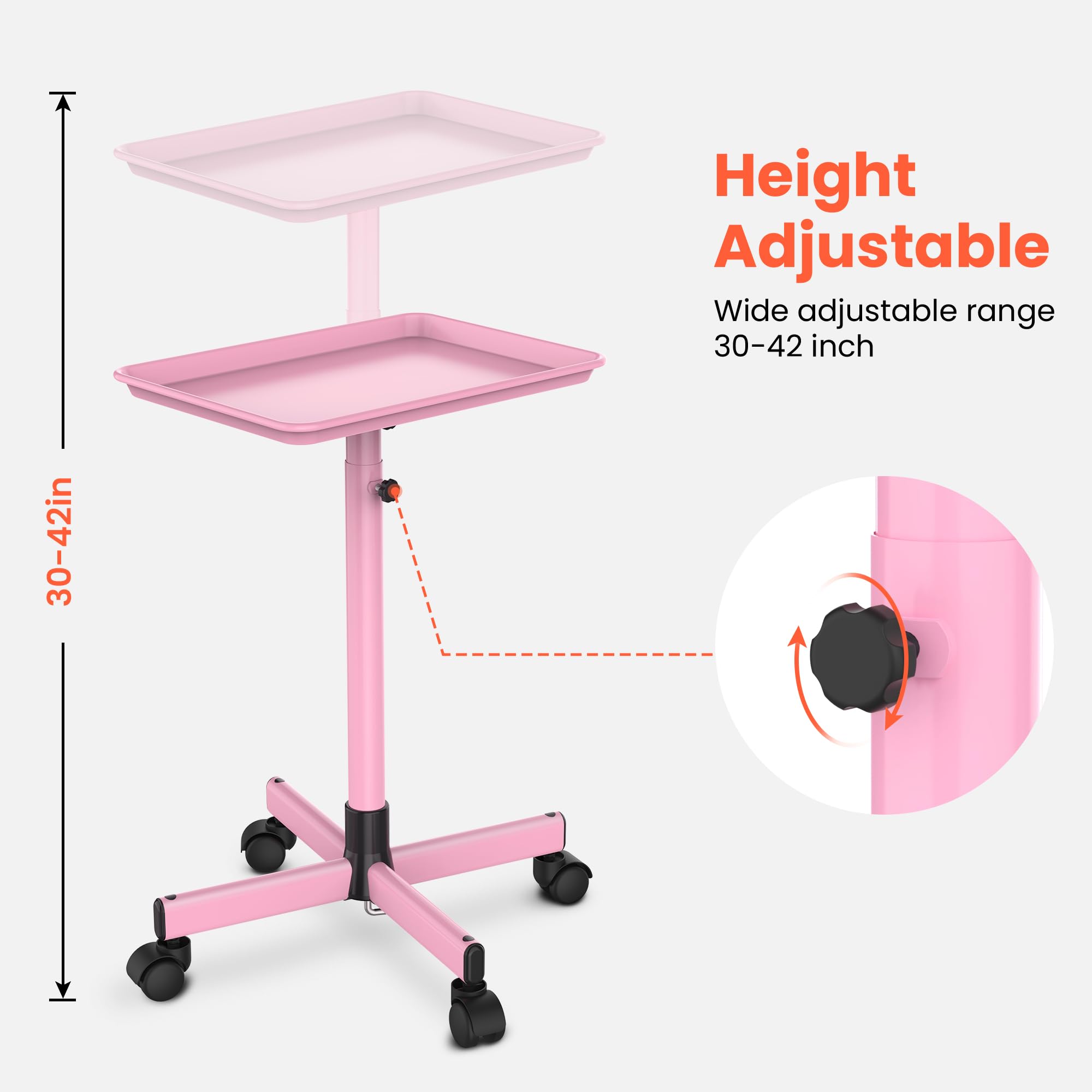 TASALON Premium Salon Tray on Wheels, Aluminum Salon Rolling Tray Trolley for Salon Essentials, Adjustable Height Provides Ample Storage for Hairstylist, Tattoo and Clinic Use - Pink