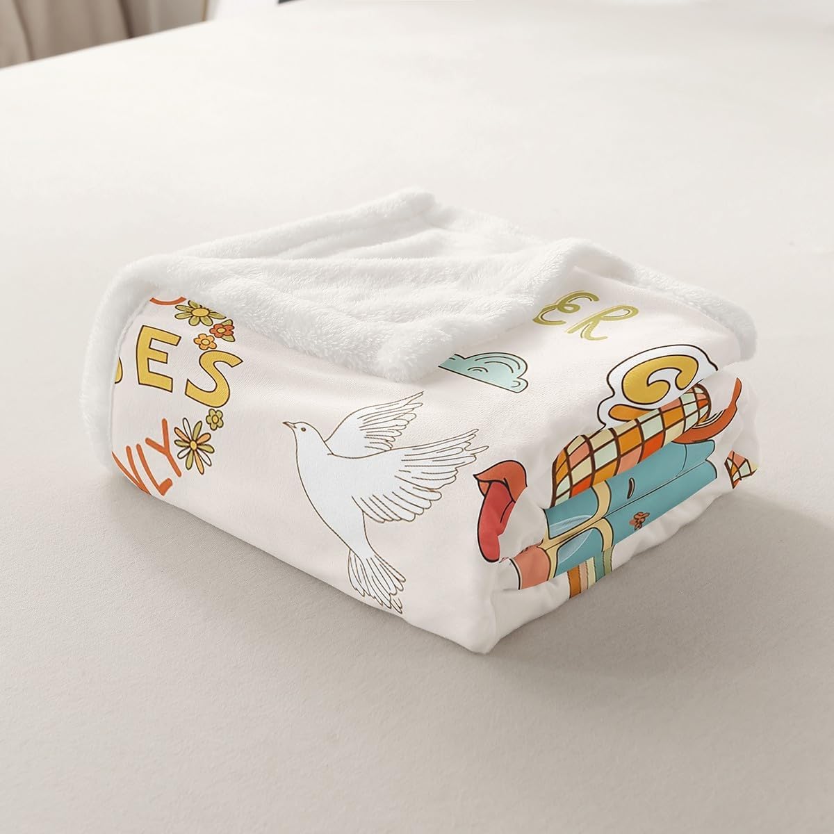 Kids 70s & 60s Retro Disco Groovy Pastel Rainbow Fleece Sherpa Blanket Throw for Boys & Girls - Hippie Mushroom Pattern - Cute Bus Car Theme - Sofa Room Decor