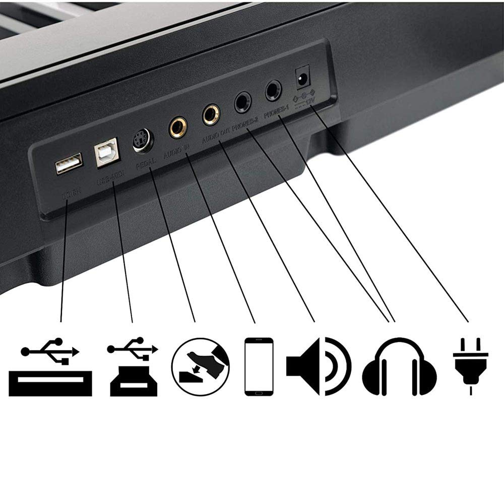 Bakaji - Teclado musical plano electrónico, 88 teclas semipesadas, piano multifunción con 140 ritm, 6 instrumentos musicales, función Split Twinova, entrada AUX USB + pedal atril y soporte