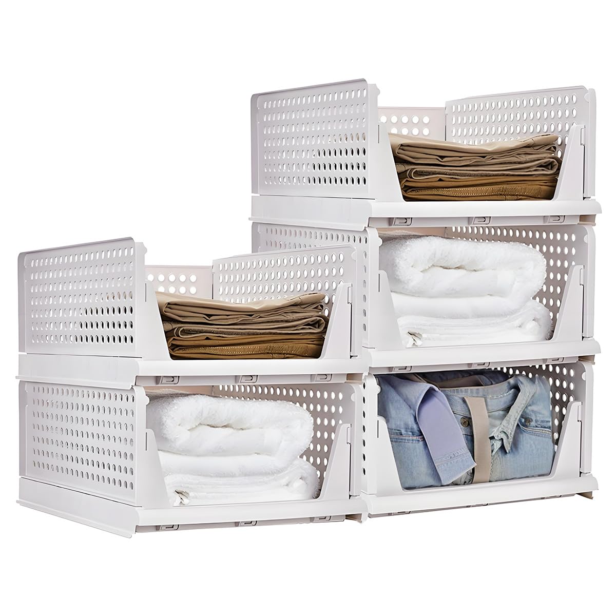 Organizador de Armario Apilable, 5pcs Organizador Armario Cajones, Extraible Plegable Organizadoras para Armario Plastico,para Ropa Dormitorio Baño| Blanco, 43x33x18cm