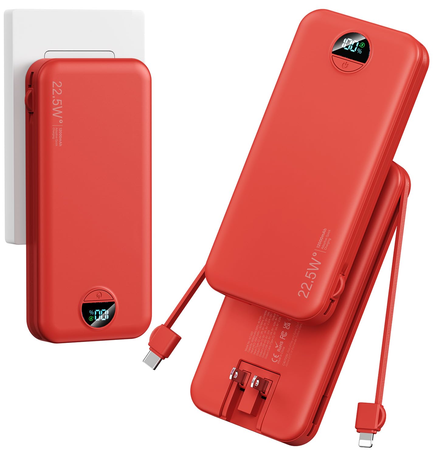 Ultra-Portable-Charger-Power-Bank with Built in Cables AC Wall Plug 12000mAh PD20W USB-C Fast Charging Cell Phone Charger Battery Pack