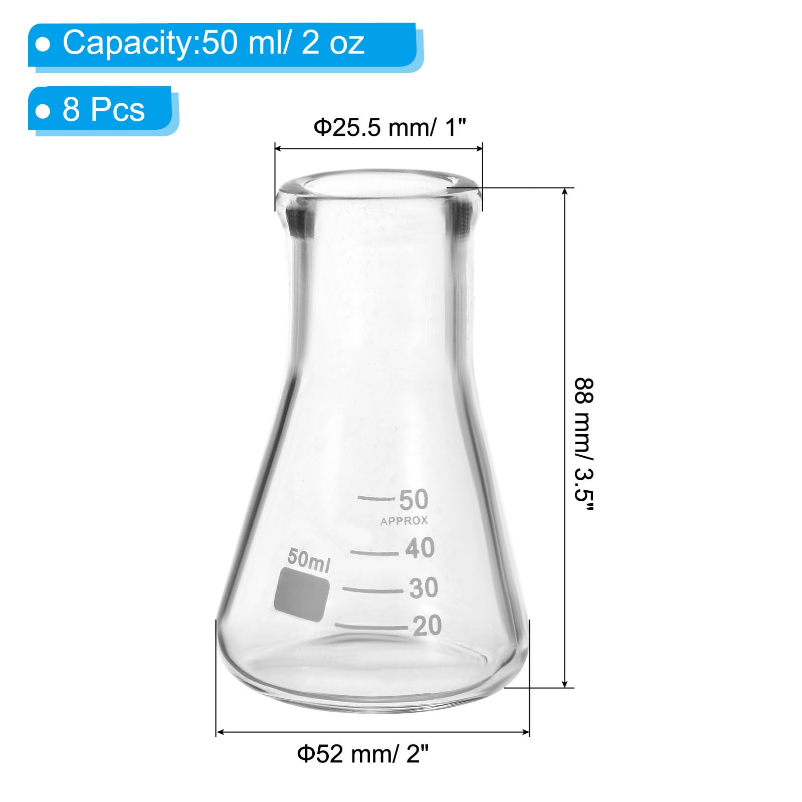 PATIKIL Erlenmeyerkolben 8Stk 50ml 2oz Schmalhals Messkolben Borosilicatglas Mit Aufgedruckter Skala Für Laborversuche Chemie Wissenschaft Studium