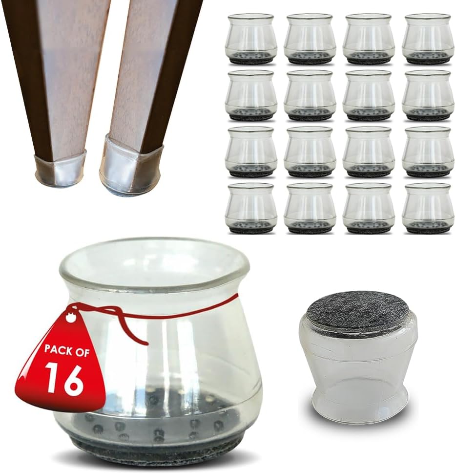 16 Pcs Clear Silicone Chair Leg Floor Protectors - Non Slip Chair Felt Pads for Hardwood Floors - Furniture Leg Floor Protectors & Covers to Avoid Scratches & Noise (Large Fit: 1.3” x 1.5” - 2.0")
