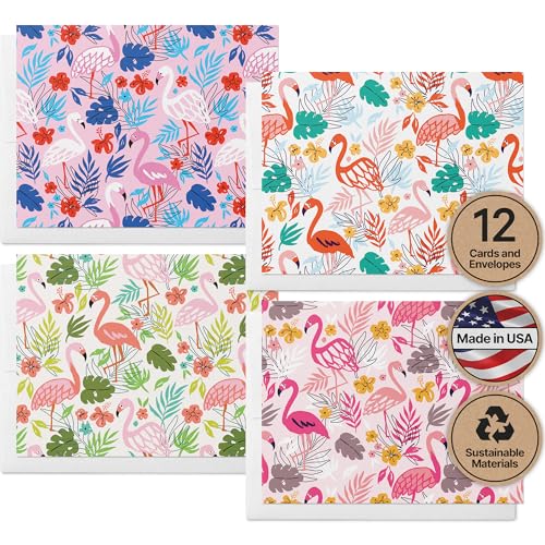 Image of Twigs Paper - Assorted Flamingo Pattern Greeting Cards - Stationery Cards with Envelopes - Thank You Card - Blank Note Cards - Greeting Cards for All Occasions - Made in USA (5.5 x 4.25, Set of 12)