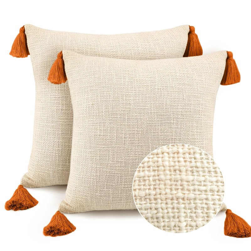 Pure TNT Slub Boho Fabric Cotton Classic Decorative Cream Color Textured SLUB Fabric Cotton Bohemian Style Cushion Covers with Rust Tassels (26X26 INCH) (B0CJ5YTBZS) Amazon Price History, Amazon Price Tracker