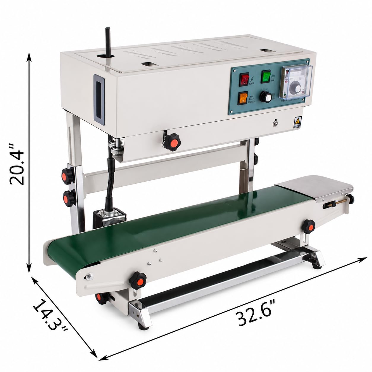 Sellador de banda continua con control digital de temperatura, velocidad de 0 a 24 m/min, ancho de sellado de 6 a 15 mm, función de estampado de fecha para un embalaje eficiente