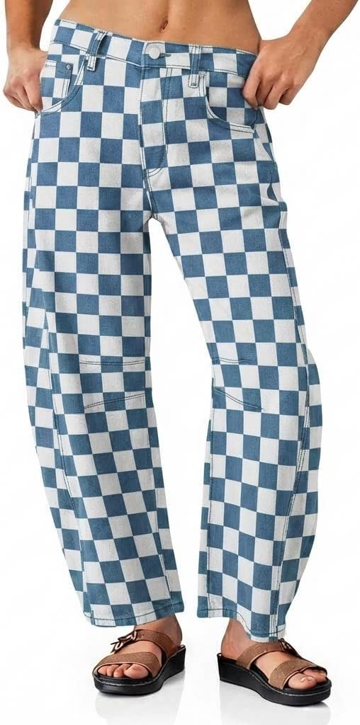 utcoco Women's Checkerboard Print Barrel Leg Jeans Boyfriend High Waist Wide Leg Stretchy Denim Pants
