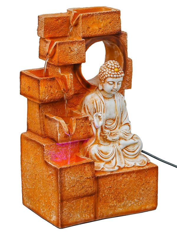 Image of Multicolor Polyresin Tabletop Buddha 5 Step Indoor Water Fountain for Home Decor with LED, Speed Control Pump (Size: 25.5 x 17.5 x 44 CM | Weight: 2525Gram)