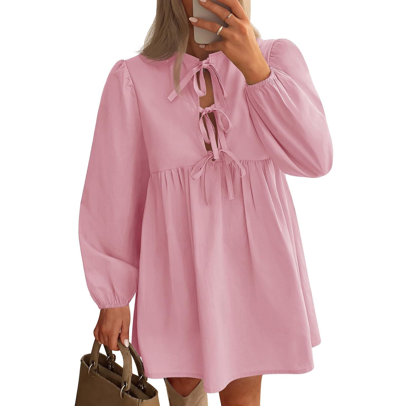 Robe Mini péplum à Manches Longues Bouffantes et nœud Papillon sur Le Devant pour Femme, Robes d'automne,Robe Courte à Volants en Ligne A, Robe Tunique Fluide Mignonne (Pink,L)