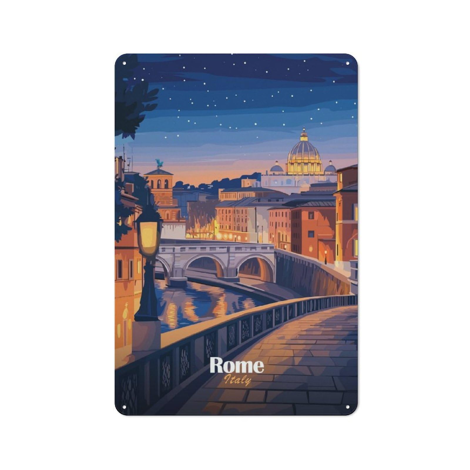 Junmoney Rome Cityscape At Dusk Vintage Tin Sign 30X20cm With For Hallway Wall, Suited To New Home Decorators, For Retro Home Interiors