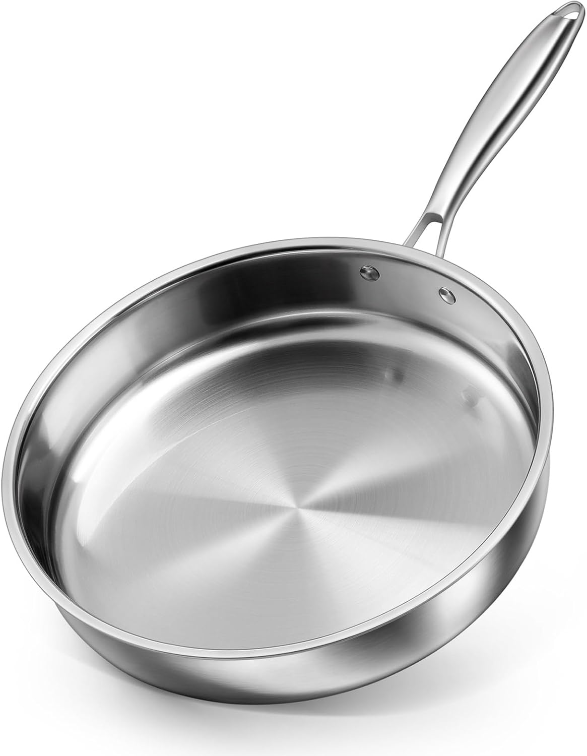 P&P CHEF 12 Inch Stainless Steel Frying Pan, 3-Ply Stainless Steel Pan Skillet, Induction Stir-fry Pan, Oven & All Stoves Safe, Heavy Duty & Even Heat, Dishwasher Safe, Silver, (1 Piece) 1 12 Inch