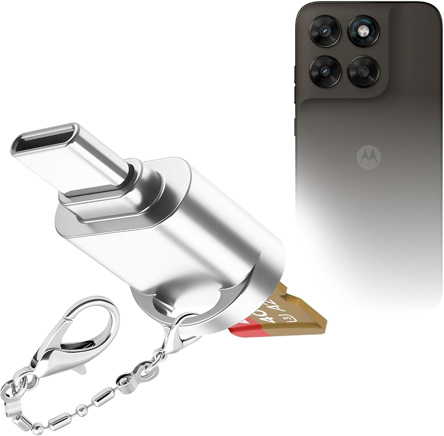 BoxWave Adapter Compatible with Motorola Moto G77 - Micro SD Card miniReader, USB Type-C OTG Reader USB3.0 Adapter Keychain - Metallic Silver