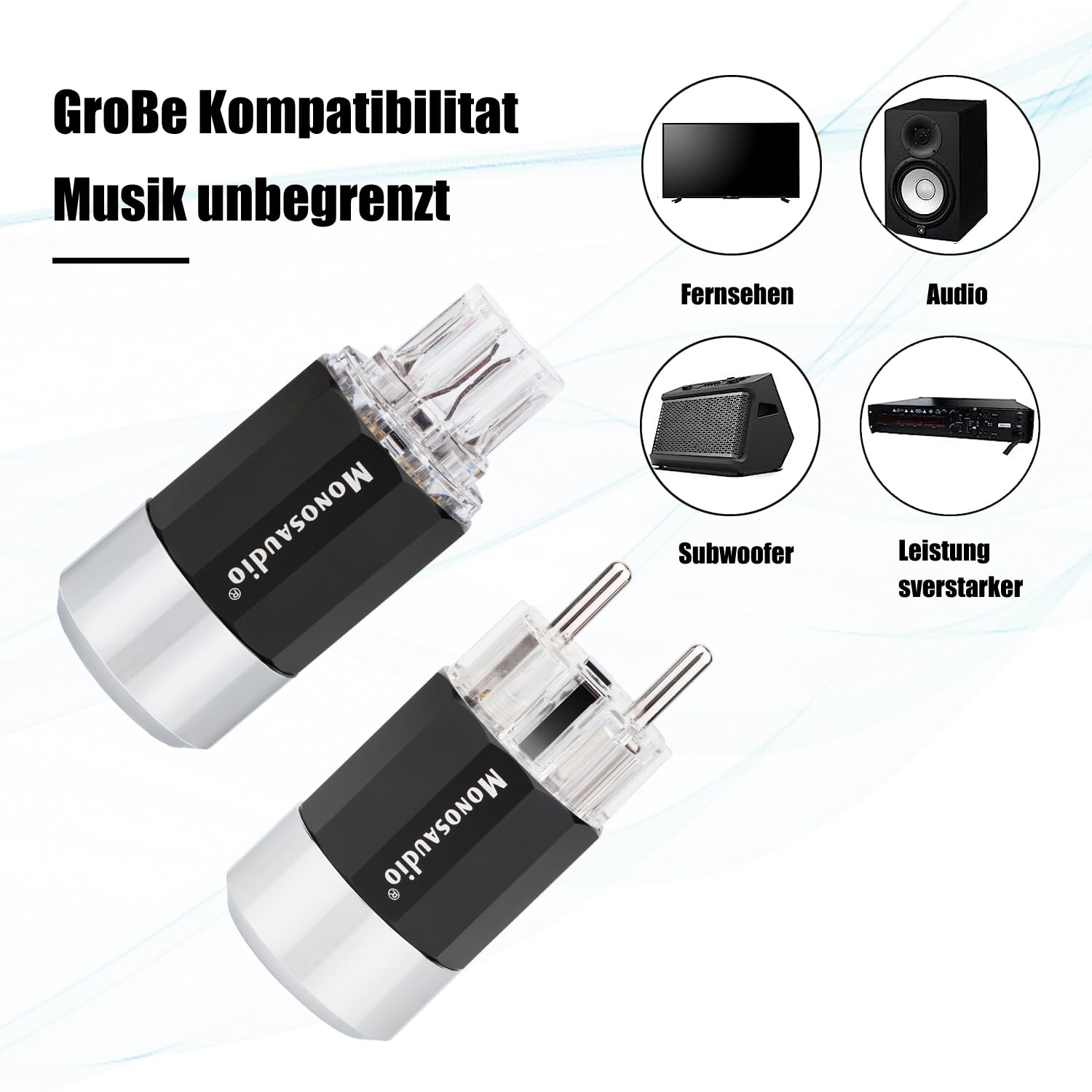 Monosaudio Paar HiFi Schukostecker & IEC C15 Anschluss High-End Kaltgeräte-Stecker Buchse Steckdose 16A 250V Audiophiler Netzstecker Kupplung Rhodiniert E109R/F109R