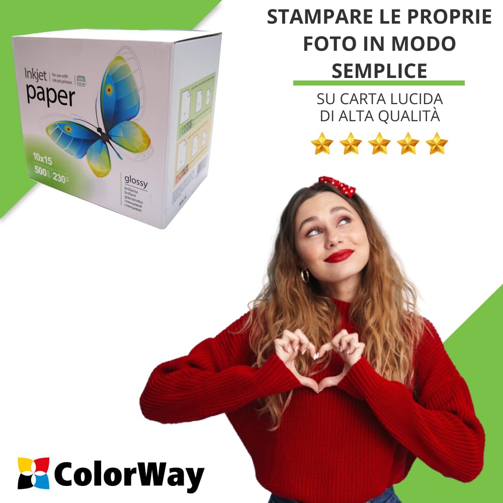 Carta fotografica PrintPro di COLORWAY ad alta lucentezza 230g/m² 500 fogli 10x15 Asciugatura istantanea Impermeabile per tutte le stampanti a getto d'inchiostro