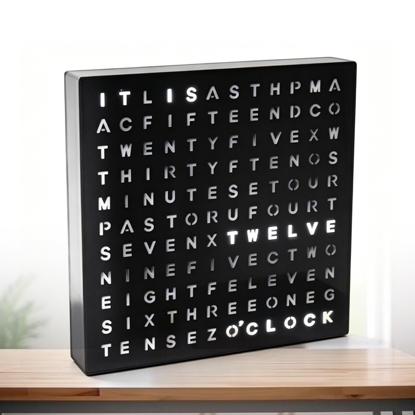 Orologio a Parole LED Illuminato, Orologio da Scrivania Elettronico, con Doppia Opzione di Posizionamento, Parete o Scrivania, Regolazione Multi-Modalità e Display a Testo Luminoso, Nero