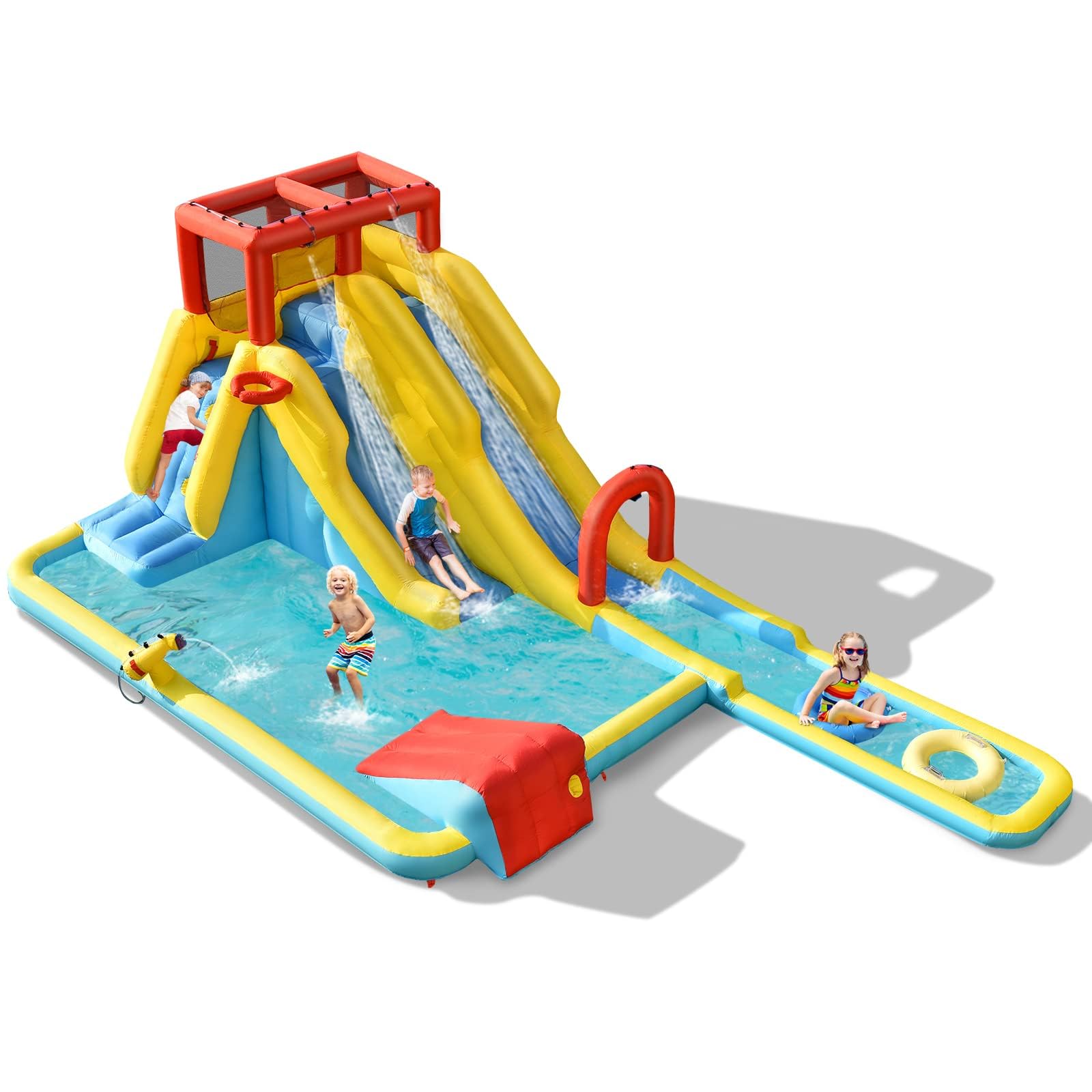 FANTASK Château Gonflable avec Sac de Transport, bouées, Basket-Ball Gonflable et kit de réparation Toboggan Aquatique, Parc Aquatique pour l'extérieur, avec Pistolet à Eau, Mur d'escalade et Panier