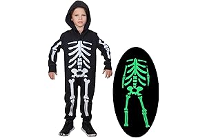 1-8T Kids Halloween Skeleton Costume Boys Girls Glow in the Dark Skull Jumpsuit with Hood
