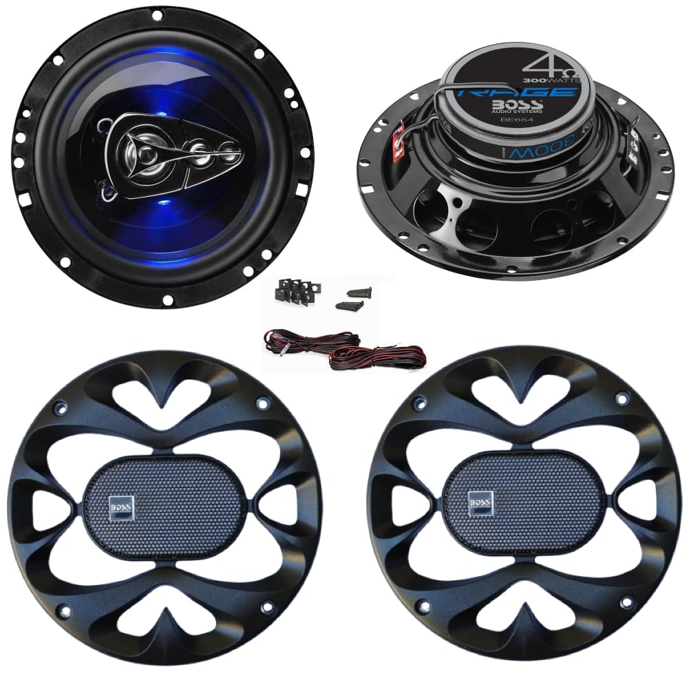 ZESTAW DO BOSS AUDIO SYSTEMS BE654 2 głośników koncentrycznych 4-drożny 6,5" 16,5 cm, 150 W RMS, maks. 300 W, 4 omy, niebieska dioda LED, gumowe zawieszenie, za parę + akcesoria gratis
