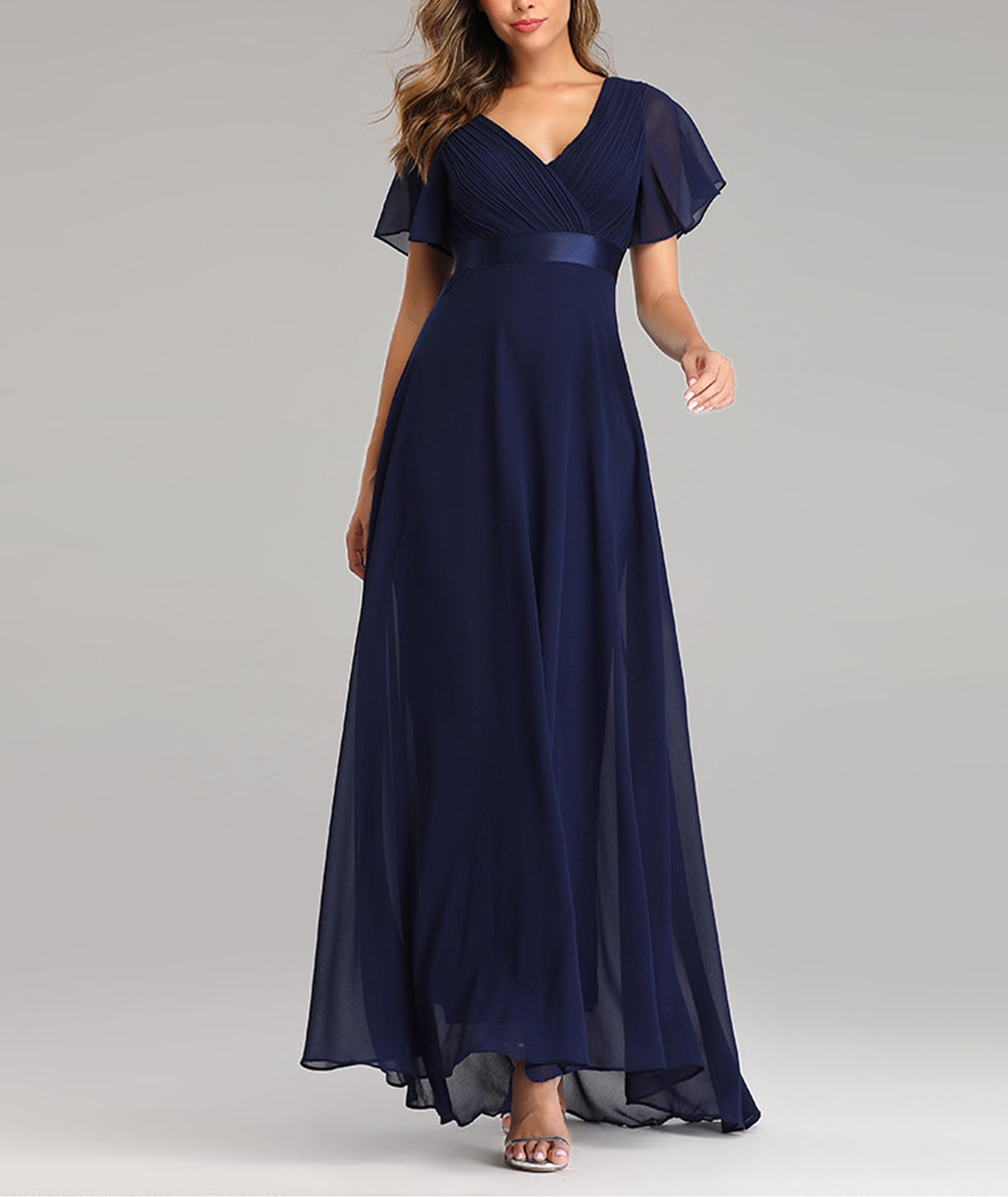 ECDAHICC Damen Abendkleider Gürtel V-Ausschnitt Hohe Taille A-Linie Chiffon Brautjungfernkleid Elegant Lang Ballkleid