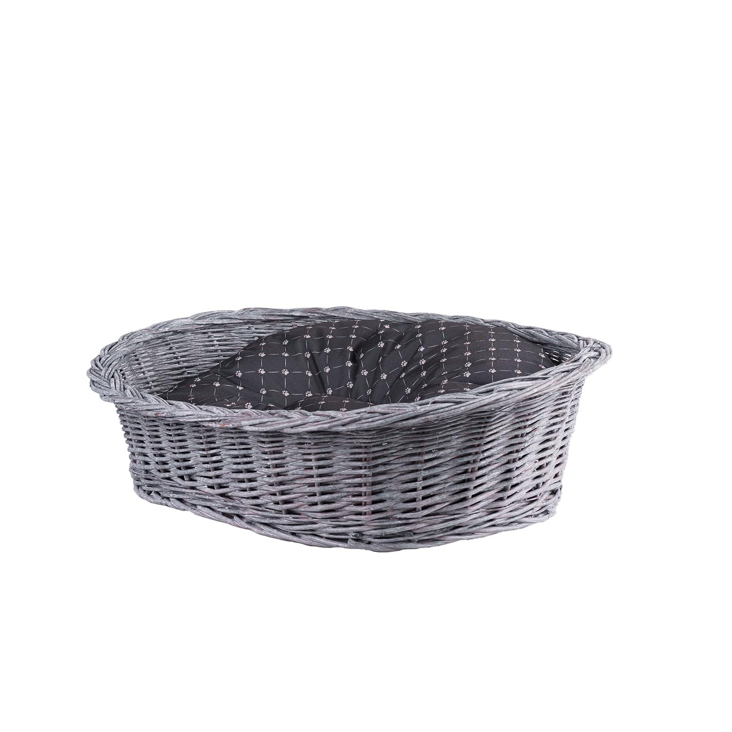 Cesta para perros de mimbre para perros y gatos, cama para perros y gatos, cama con cojín, cesta para animales trenzada, cesta para gatos (gris_negro, 80 x 60 cm, altura 26)