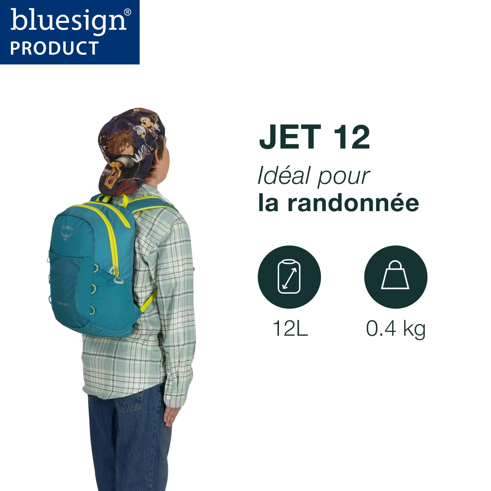 Osprey Jet Sac de randonnée pour enfant, 12L, Blue Spikemoss/Lemongrass