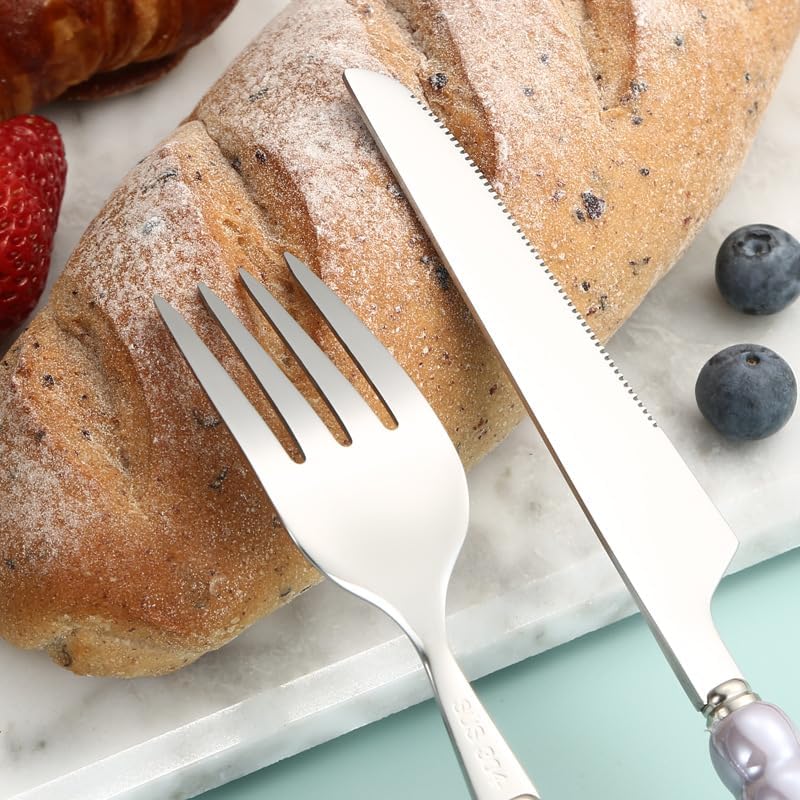 Silverware Set, 2/8/12/16/20/24pcs Retro Light Luxury Ceramic Pearl Handle 304 Stainless Steel Knife, Fork And Spoon Tableware Set, Home Cutlery Flatware Set(Pink,16 Pieces for 8)