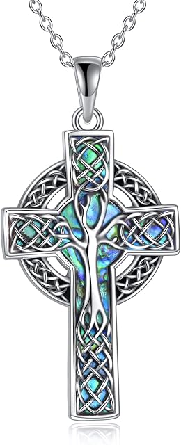 YFN Celtic Cross Necklace Sterling Silver Celtic Tree of Life Pendant Abalone Shell Cross Jewelry Gifts for Women Men