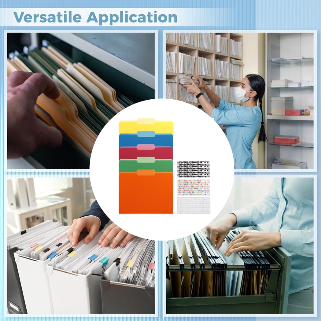 Lot de 50 chemises de classement à languette de fin, 3 languettes auto-adhésives, guides de fichiers 11,6 x 9,5 pouces, 5 couleurs, organisateurs de dossiers pour usage bureau à domicile
