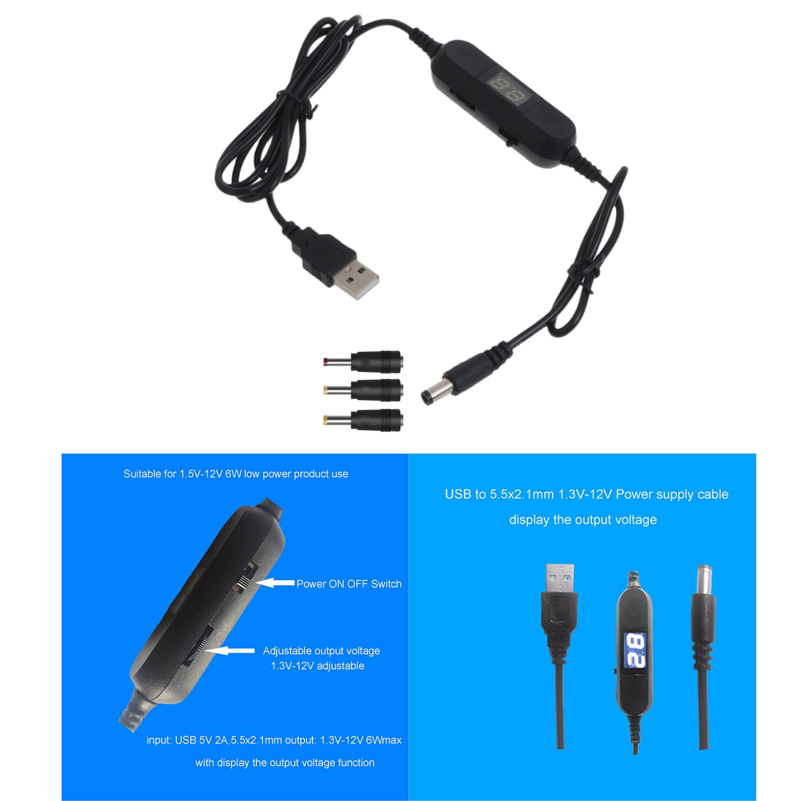 USB-C Auf 5,5x2,1 Mm Spannungswandler-Kabel – Einstellbar 2-12V Mit LED Display, 50 Cm | Ersetzt AA/AAA-Batterien Für Spielzeug & LED