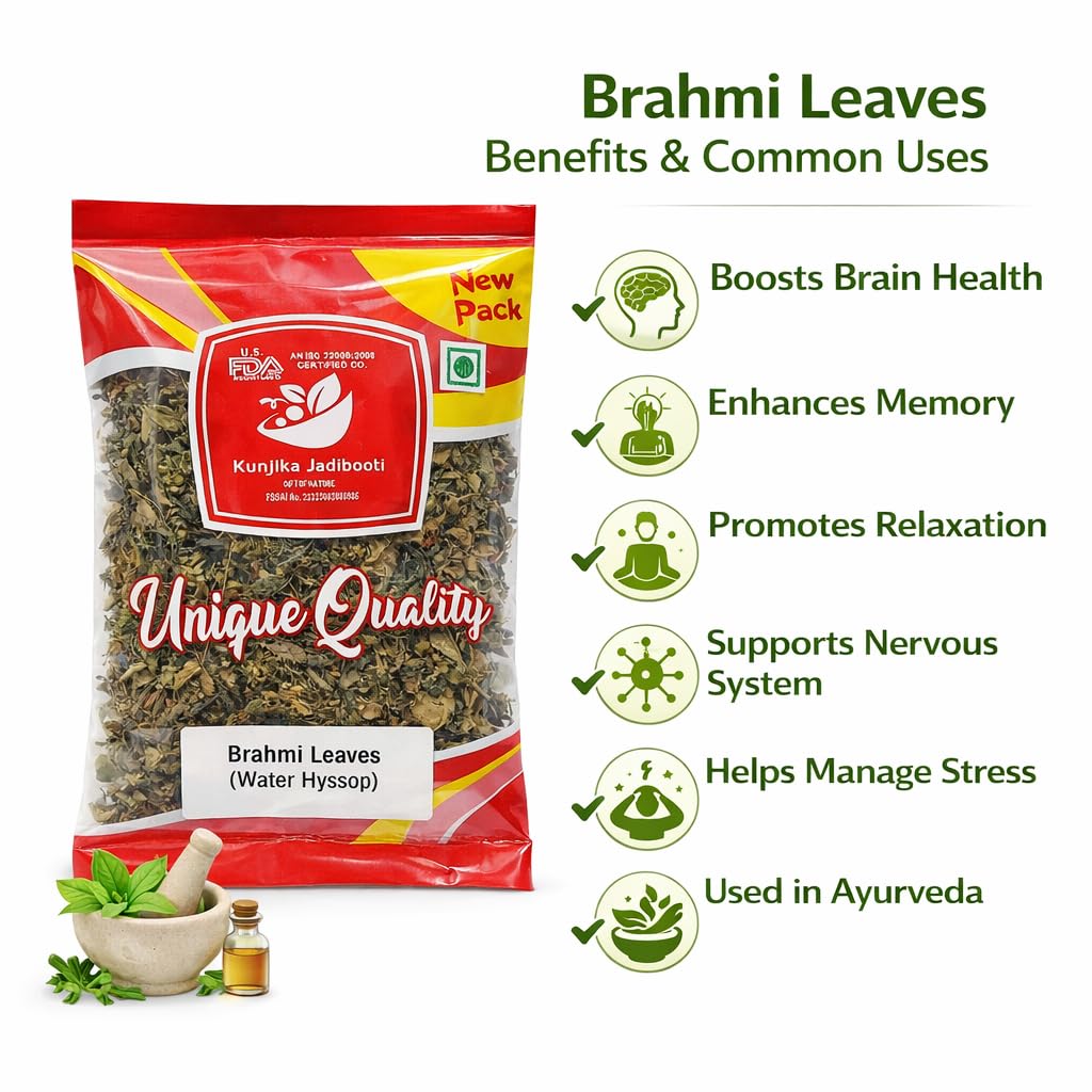 Kunjika Jadibooti Brahmi Leaves | Dried Brahmi Patta (Bacopa Monnieri) | 100% Natural & Pure Ayurvedic Herb | Cleaned & Dried Herbal Leaves - 100 gm — Amazon image 5