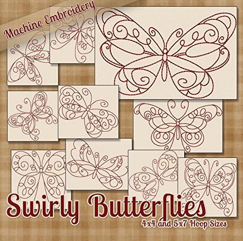 Swirly Butterflies Redwork Embroidery Machine Designs on CD - 10 Fanciful Patterns - 2 Sizes Each - PES JEF EXP XXX VIP HUS DST