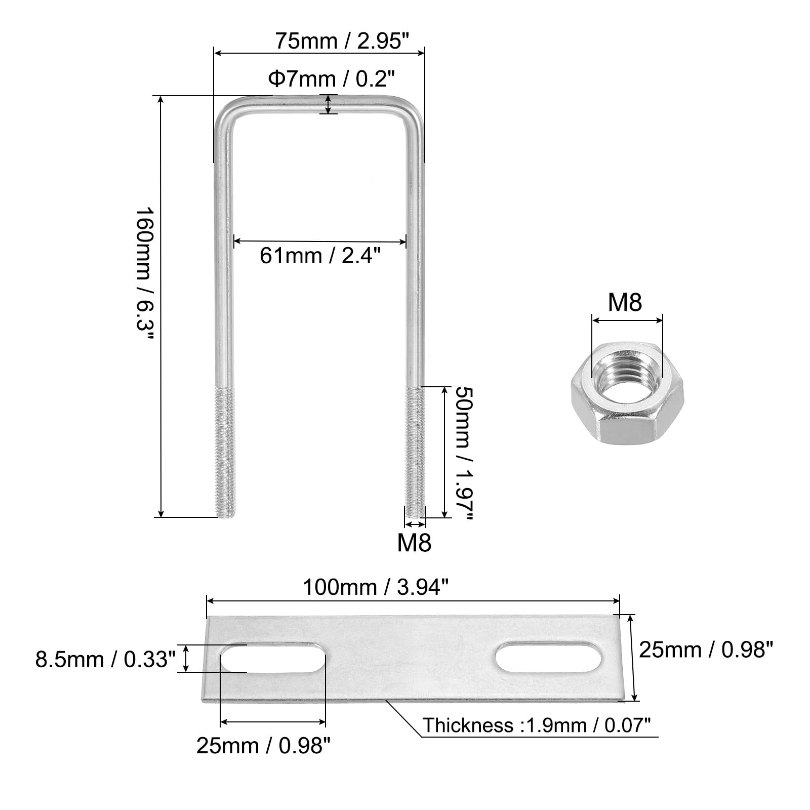 PATIKIL M8x60x160mm Square U-Bolts Kit - Image 2