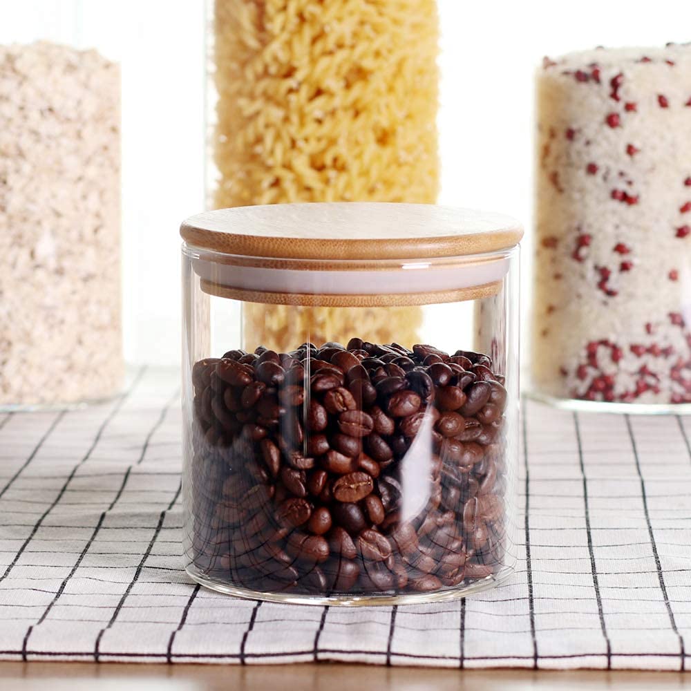 Confezione da 5 barattoli in vetro con coperchio in bambù, contenitori ermetici in vetro borosilicato per dispensa, organizzazione della cucina, pasta e spaghetti, spezie e alimenti secchi
