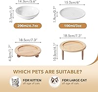 Vista 2 de Raised Ceramic Wide Whisker Friendly Cat Dishes, Food&Water Bowl with 2 Style Stand Adjustable Pet Bowl Set(1Dish+1Shallow Dish+Stand, White