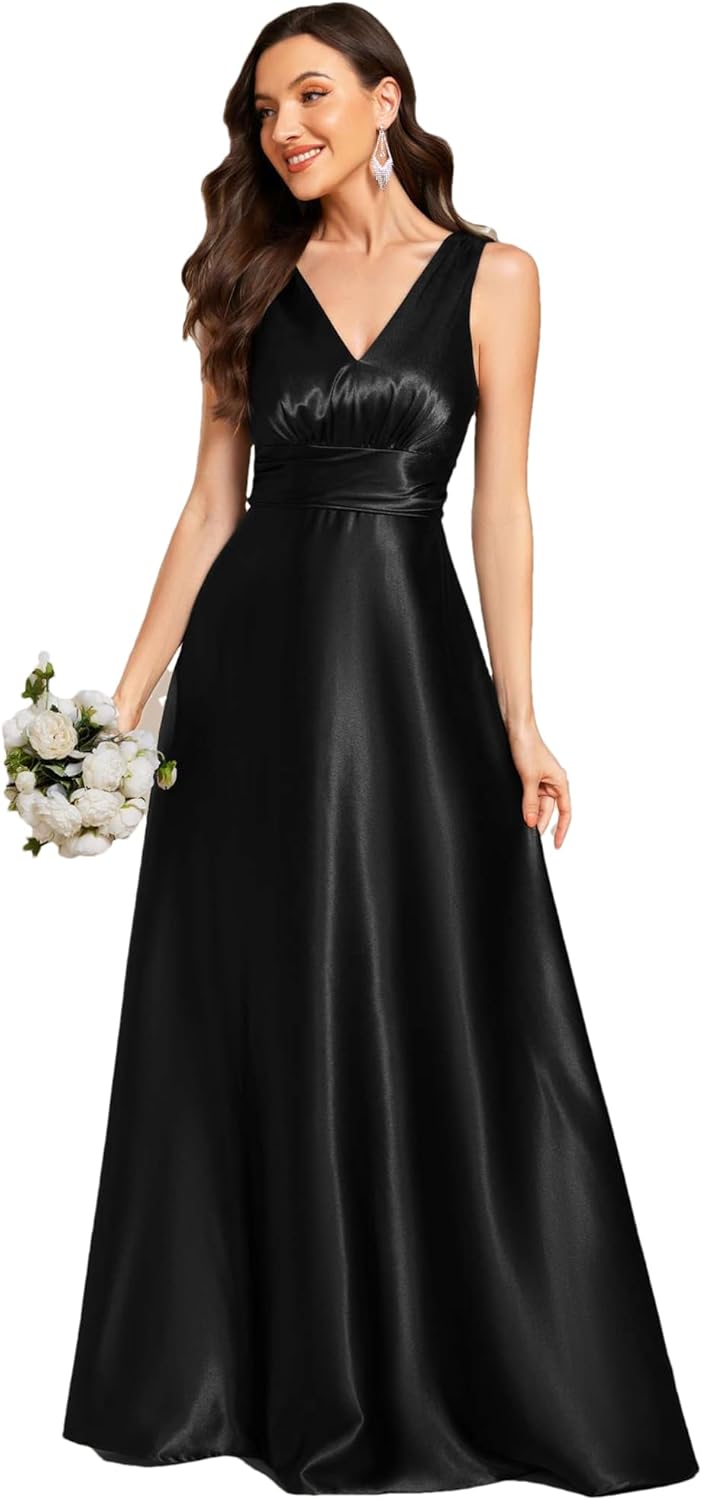 Ever-Pretty Women's Spring Satin V Neck Formal Wedding Guest Dress Floor Length Empire Waist Prom Dresses with Pockets