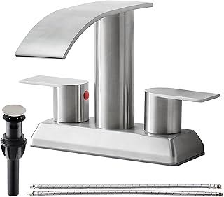 IKEBANA Brushed Nickel Waterfall Bathroom Faucet,2 Handle Stainless Steel 4 inch Bathroom Sink Faucet Modern Waterfall Spout Faucet Lead-Free Bathroom Sink Faucet with Supply Hoses and Pop-up Drain