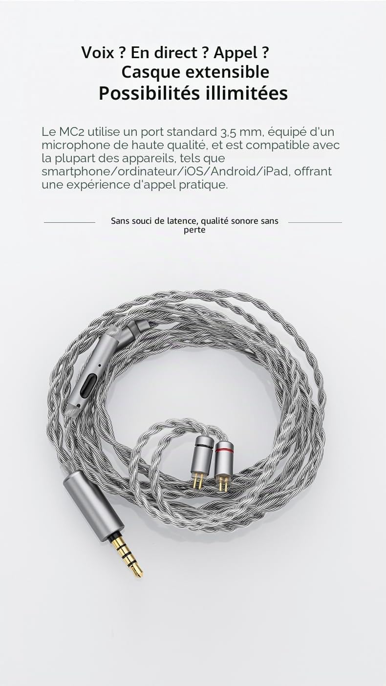 Moondrop MC2 Câble de mise à niveau pour microphone, 3,5 mm, 0,78 mm, 2 pôles, câble de mise à niveau pour casque